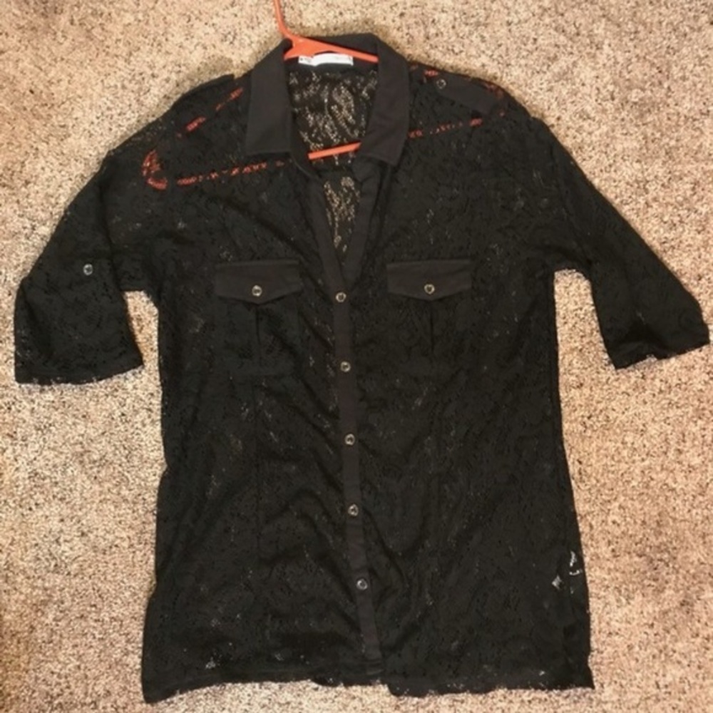 Black Lace Collared 3/4 Sleeve V-Neck Dress Shirt